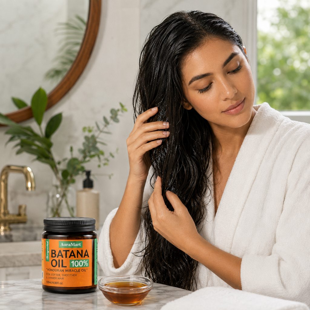 100% Raw Batana Oil for Hair in a neutral daily routine setting