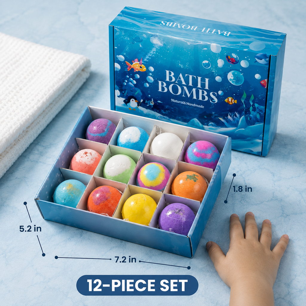 12-Piece Bath Bomb Gift Set for Kids with a source-listed size reference