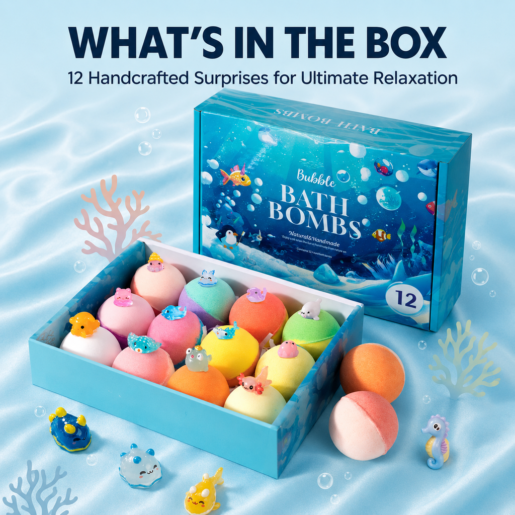 12-Piece Bath Bomb Gift Set for Kids — WHAT YOU RECEIVE with source-visible packaging and source-listed items
